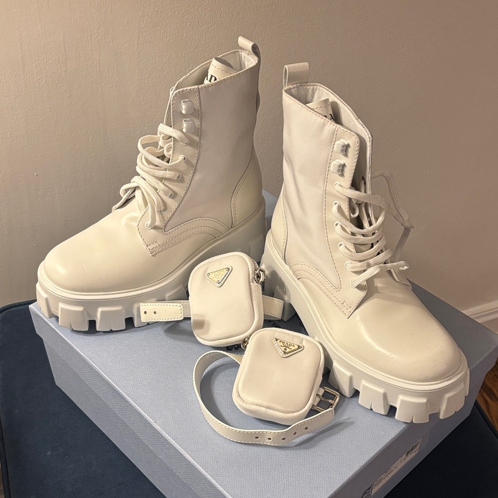 Prada Women's Monolith Leather & Nylon White Lug-Sole Combat Boots 36.5 NIB New
